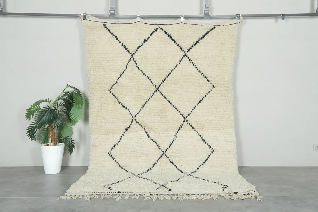 White Moroccan beni ourain rug Ivory shag with black diamond patternWool Area Rug