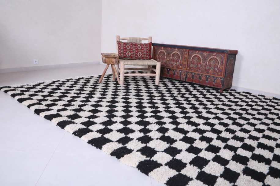 Custom handmade Rug - Checkered Moroccan Rug - Black and Beige rug
