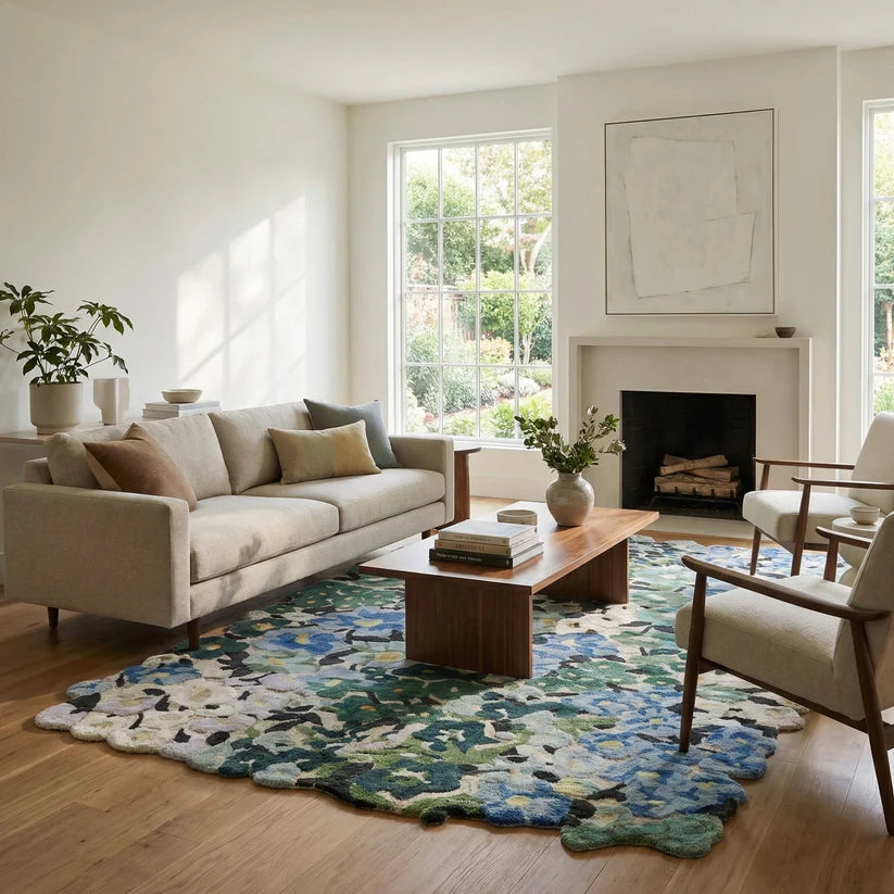 Cassia Blue Green Floral Hand-Tufted wool and viscose Area Rug Carpet