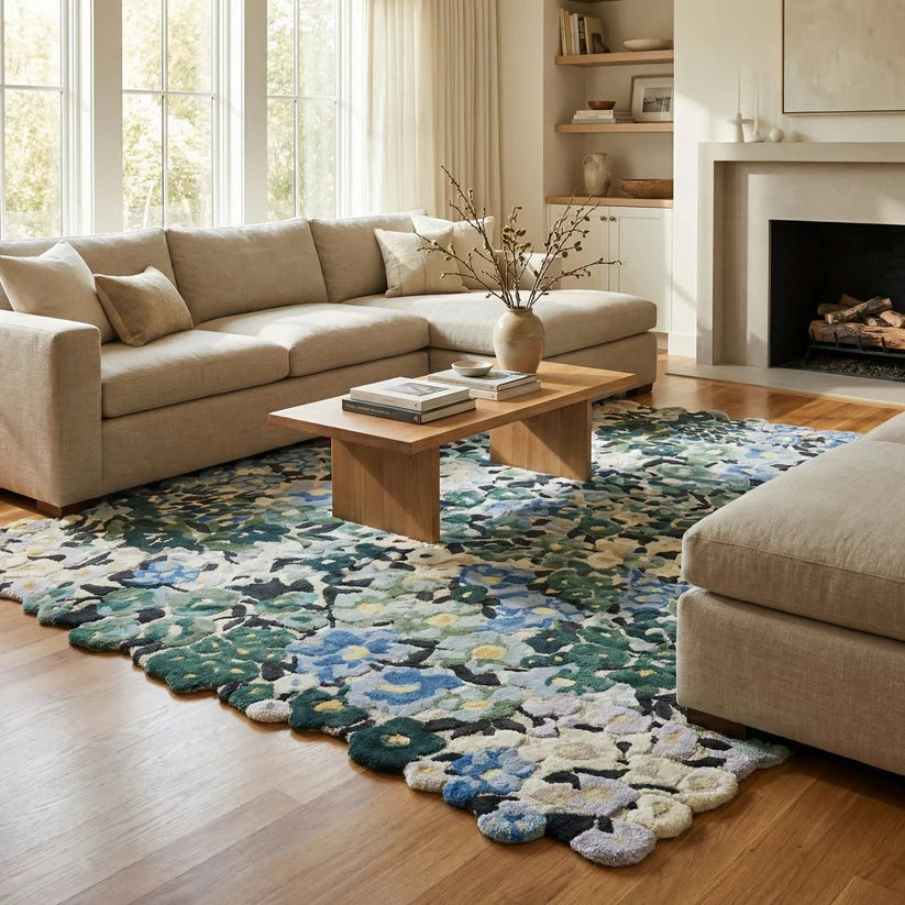 Cassia Blue Green Floral Hand-Tufted wool and viscose Area Rug Carpet
