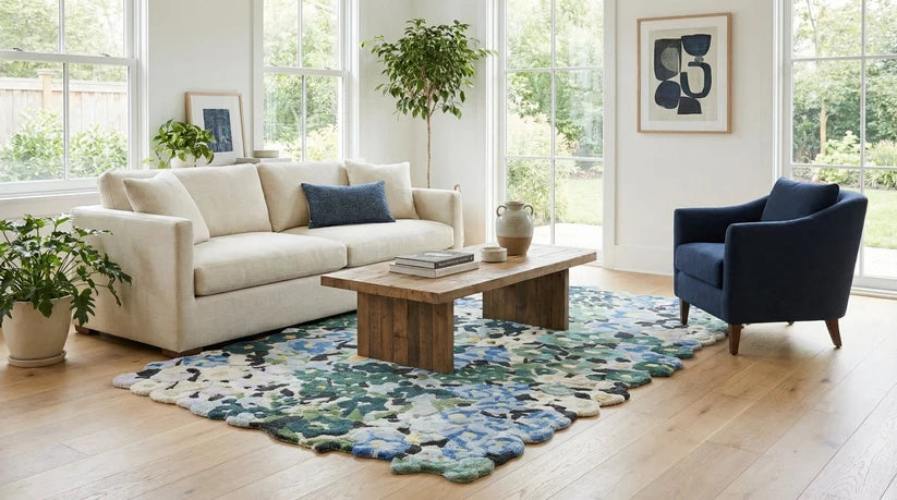 Cassia Blue Green Floral Hand-Tufted wool and viscose Area Rug Carpet