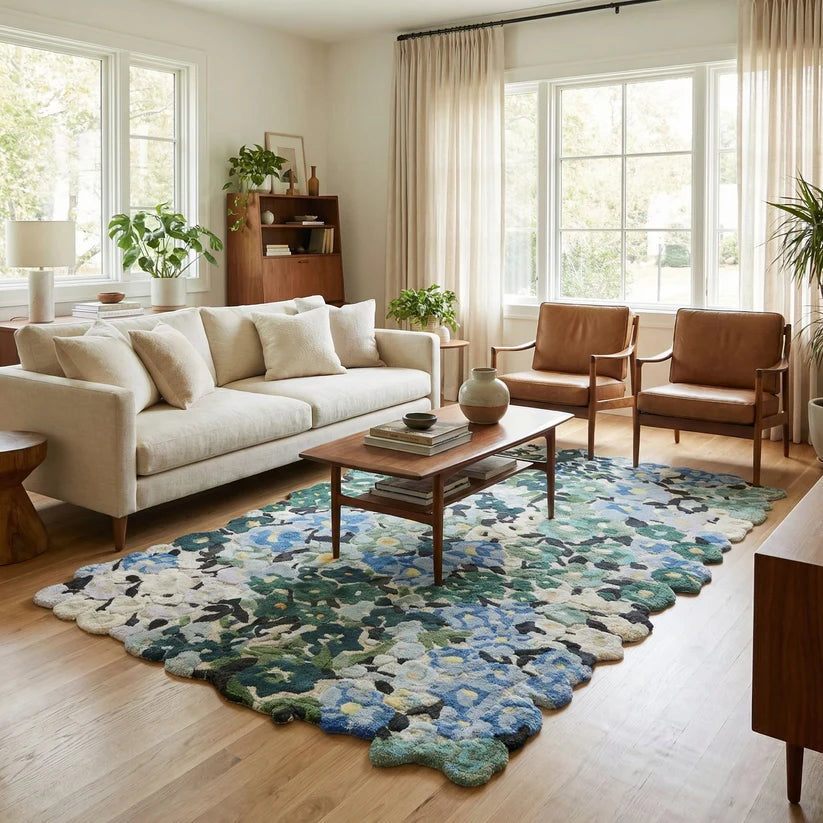 Cassia Blue Green Floral Hand-Tufted wool and viscose Area Rug Carpet