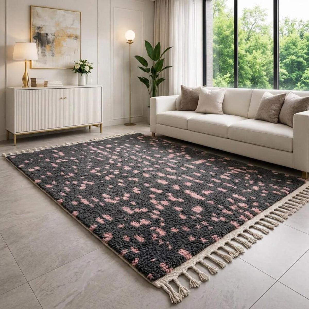 Charcoal Gray Pink Carpet – hand knotted wool carpet, handmade in India | Hand Knotted Carpets by Rugverse (view 9)