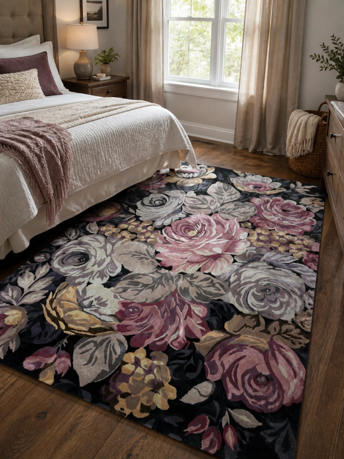 Dark Linda Floral Hand-Tufted wool viscose Area Rug Carpet