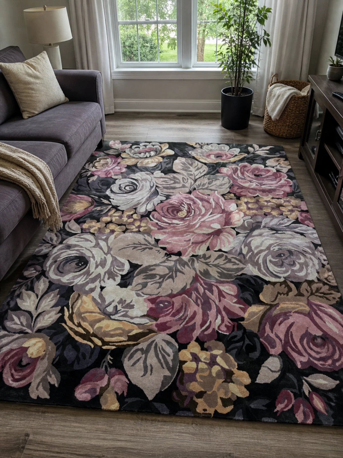 Dark Linda Floral Hand-Tufted wool viscose Area Rug Carpet