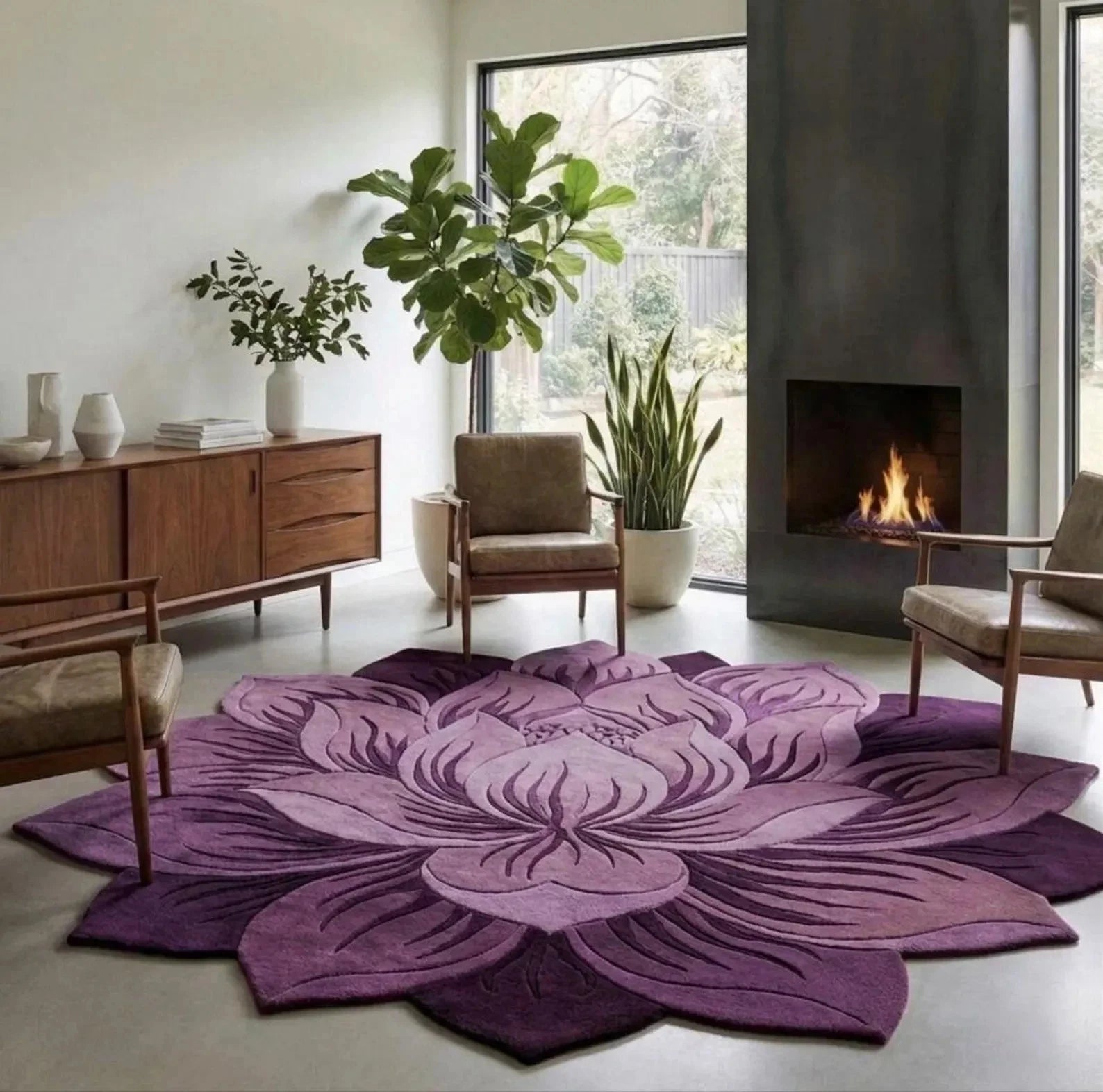 Lotus Flower Hand Tufted Wool Rug, Purple Floral Statement Carpet, Modern Living
