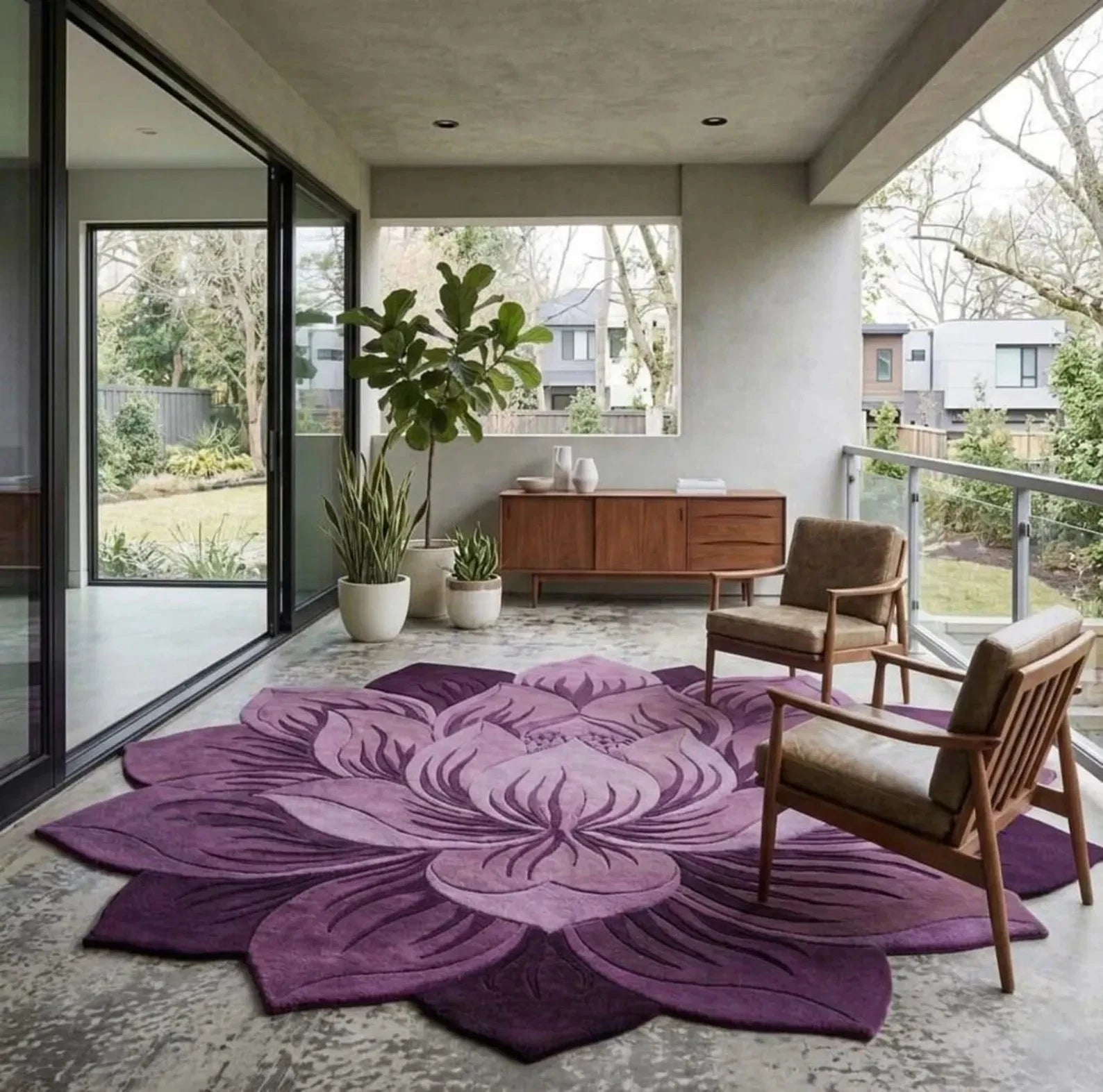 Lotus Flower Hand Tufted Wool Rug, Purple Floral Statement Carpet, Modern Living