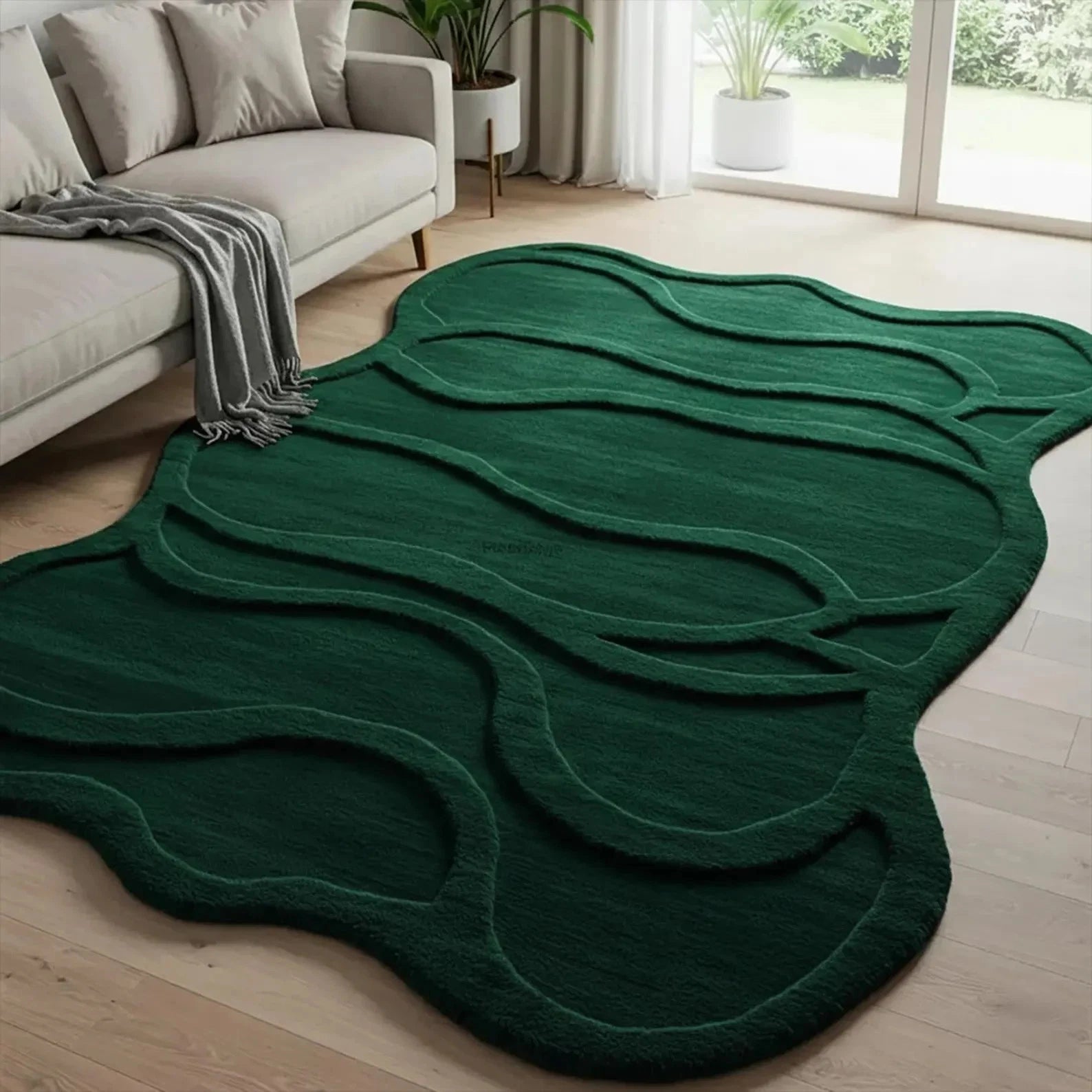 Emerald Green Irregular Tufted Wool Rug Carpet, Modern Abstract Wavy Living Room
