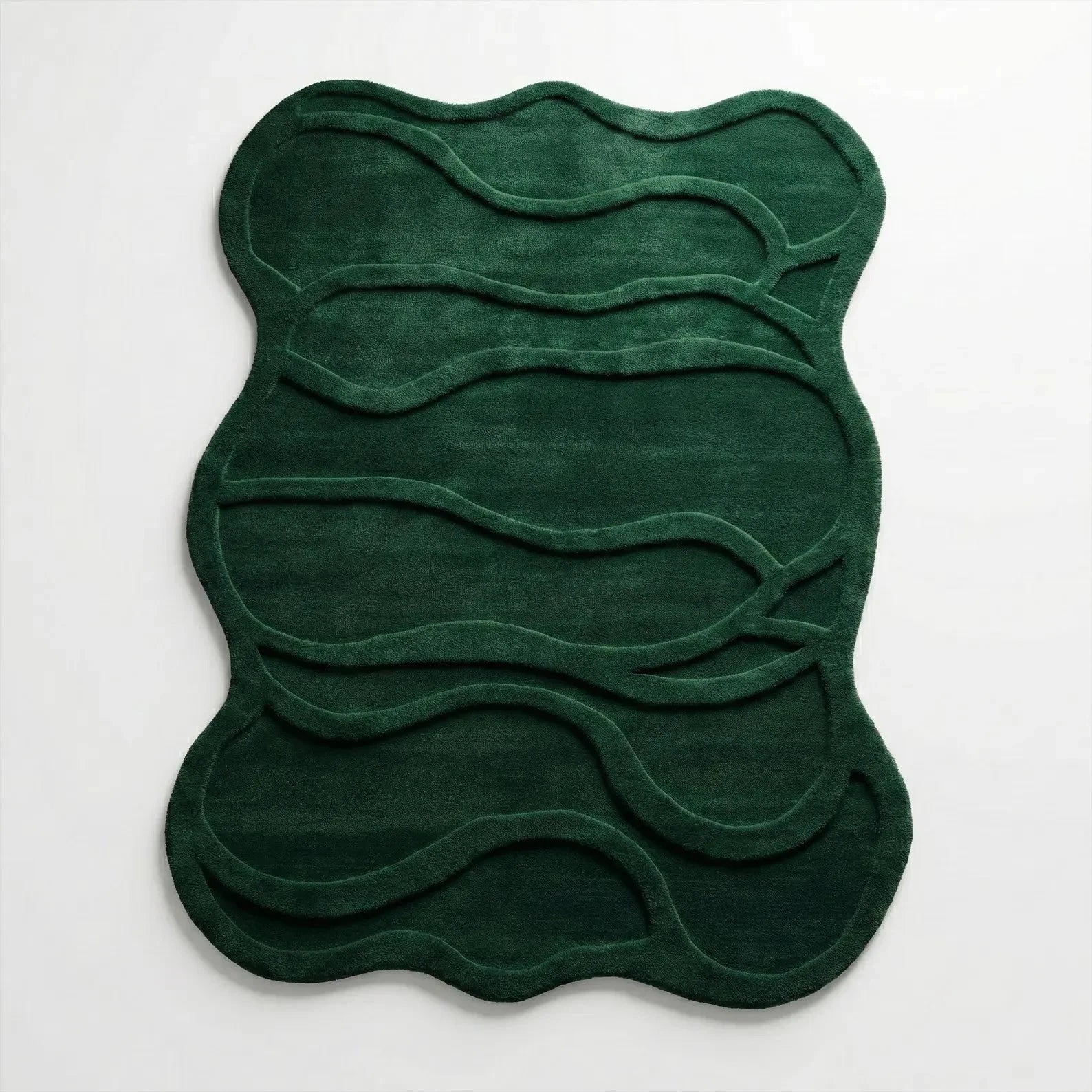 Emerald Green Irregular Tufted Wool Rug Carpet, Modern Abstract Wavy Living Room