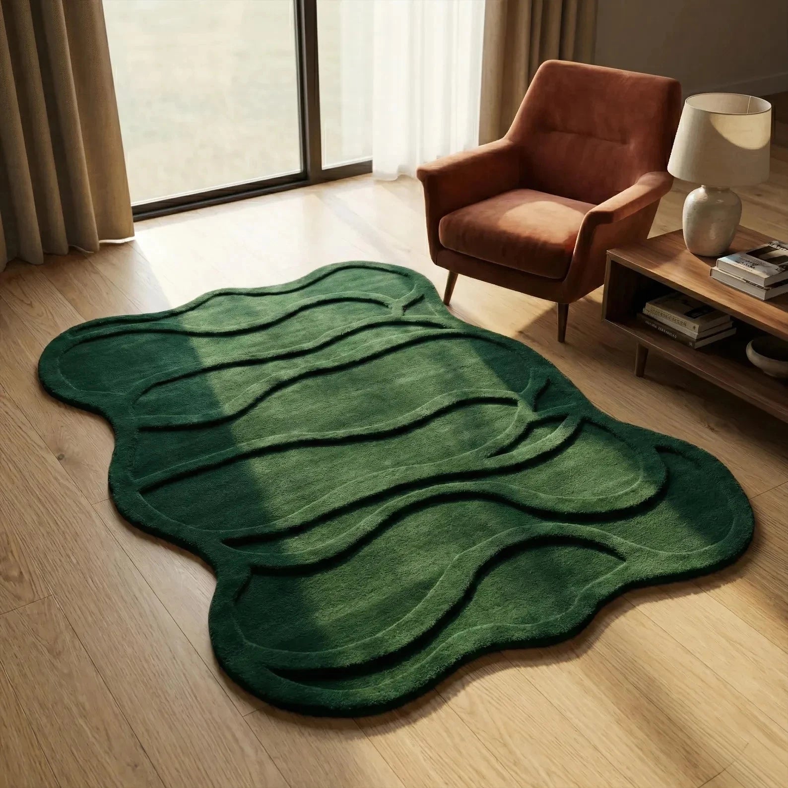 Emerald Green Irregular Tufted Wool Rug Carpet, Modern Abstract Wavy Living Room