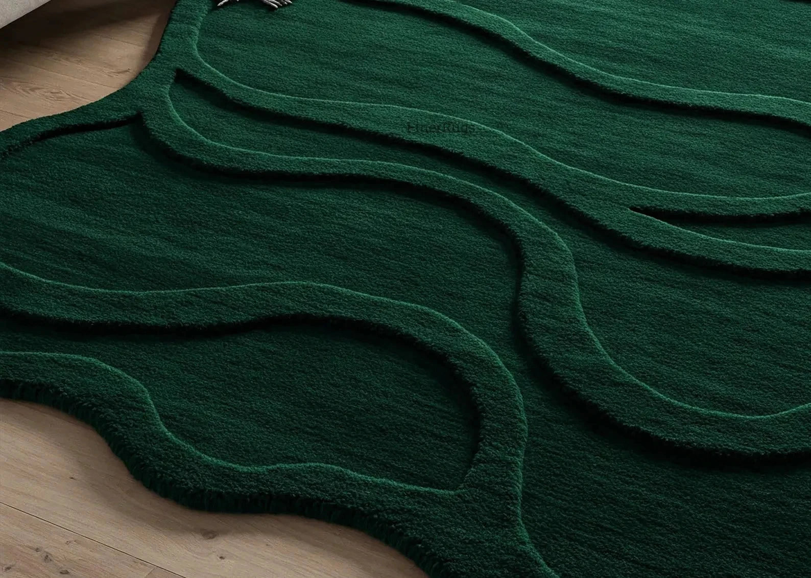 Emerald Green Irregular Tufted Wool Rug Carpet, Modern Abstract Wavy Living Room